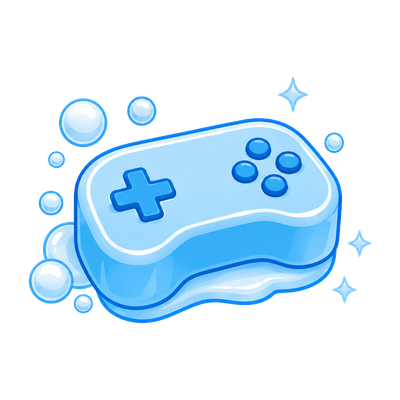 Blue soap bar shaped like a game controller with bubbles