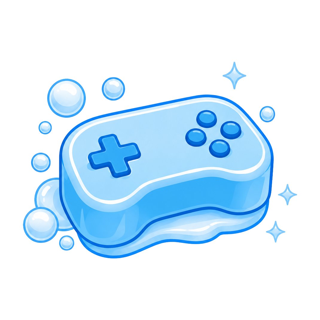 Blue soap bar shaped like a game controller with bubbles